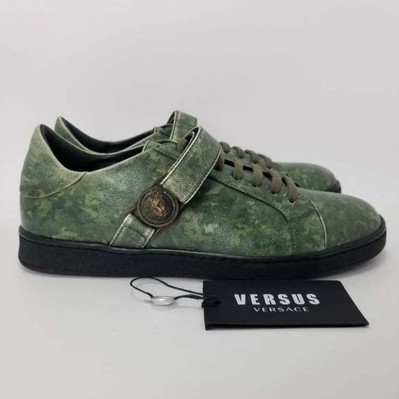 Versace Versus Camo Green Leather Strap Low Top Sneakers With Lion Head Size 39